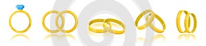 Wedding rings set isolated on a white background. Golden ring with shiny diamond. A pair of rings. Realistic object. Simple cute