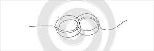 Wedding rings shape drawing by continuos line, thin line design vector illustration. Editable stroke