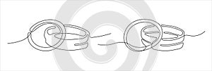 Wedding rings shape drawing by continuos line, thin line design vector illustration. Editable stroke