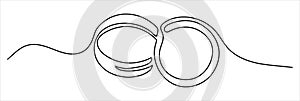 Wedding rings shape drawing by continuos line, thin line design vector illustration. Editable stroke