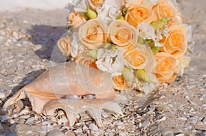 Wedding rings in a shell on the beach