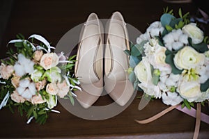 Wedding rings, shoes and dress,
