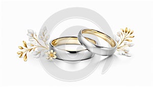 Wedding rings with small flowers isolated on white with copy space