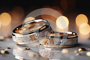 Wedding rings, sparkling on a bokeh background, offer room for text