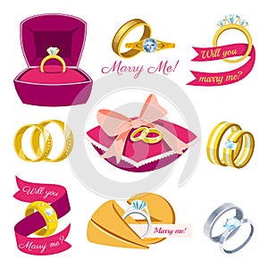 Wedding rings vector engagement symbol gold silver jewellery for proposal marriage wed sign will you marry me bridal photo