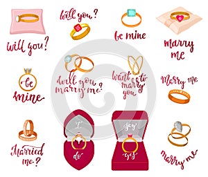 Wedding rings vector marriage proposal merry me text or wed lettering married me and textual calligraphy for bridal