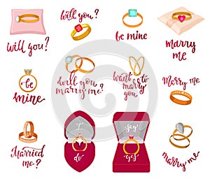 Wedding rings vector marriage proposal merry me text or wed lettering married me and textual calligraphy for bridal photo