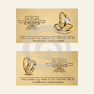 Wedding rings vector wed shop business card of engagement symbol gold jewellery for proposal marriage sign business-card photo