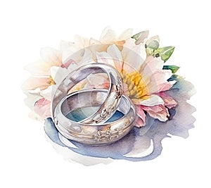 Wedding rings, wedding still life, white flowers, watercolor illustration,