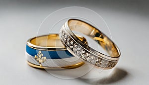 Wedding Rings in White and Blue Harmony on a White Background