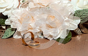 Wedding rings this white flowers in the background beautifully arranged