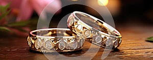 Wedding rings on wooden table. Pair of Gold rings detail