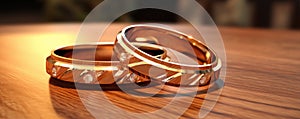 Wedding rings on wooden table. Pair of Gold rings detail