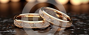 Wedding rings on wooden table. Pair of Gold rings detail