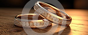 Wedding rings on wooden table. Pair of Gold rings detail