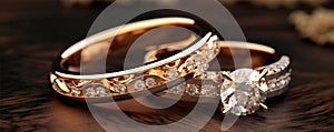 Wedding rings on wooden table. Pair of Gold rings detail