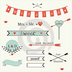 Wedding romantic collection of labels, ribbons, hearts, flowers, arrows, wreaths of laurel vector.