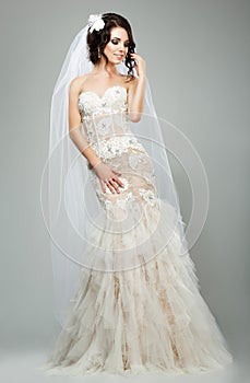 Wedding. Romantic Sensual Bride Fashion Model Wearing Sleeveless White Bridal Dress
