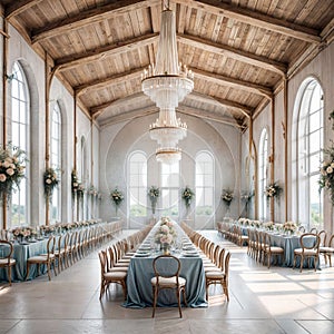 Wedding room decor, tables, blue tablecloths.