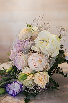 Wedding rose flower bouquet and rings