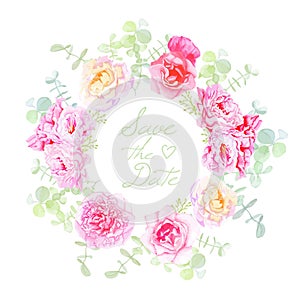 Wedding rose and peonies wreath vector card