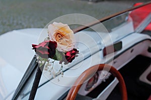 Wedding roses on a white car parked in the street