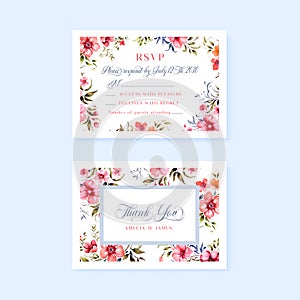 Wedding rsvp and thank you floral cards, design with vintage watercolor flowers.