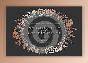 Wedding Salon Internet Shop Floral Landing Page Template. Spring Sale Banner Web Page Website with Gold Foiled Flowers. Wedding