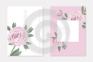 Wedding Save the Date Invitation Cards Set with Pink Peony Flowers and Green Leaves. Ornamental Template Decoration