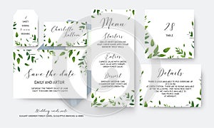 Wedding save the date, menu, label, table number, info cards vector design. Botanical, greenery, rustic, watercolor style art