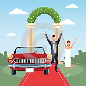 Wedding scene with excited married couple and red classic car