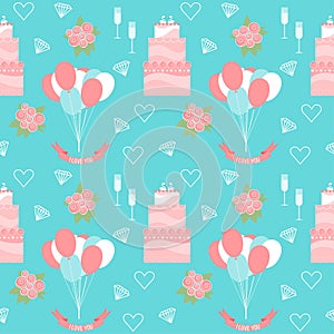 Wedding seamless pattern background with cakes and soft cartoon romantic decorative elements