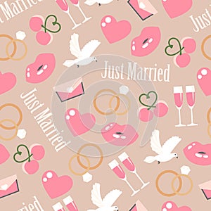 Wedding seamless pattern. Valentine elements on pink background. Greeting wedding card.