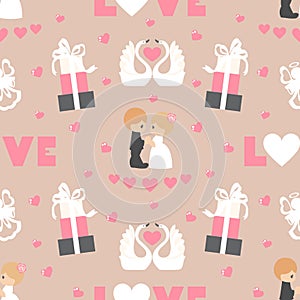 Wedding seamless pattern. Valentine elements on pink background. Greeting wedding card.