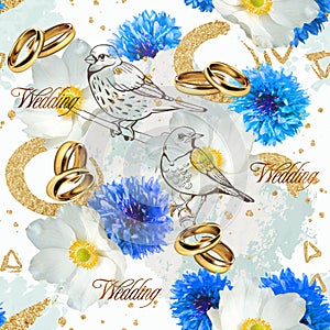 Wedding seamless pattern with white and blue flowers, birds and rings.
