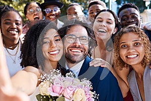 Wedding, selfie and happy friends and family celebrating love of groom and bride at a ceremony or event. Group, portrait