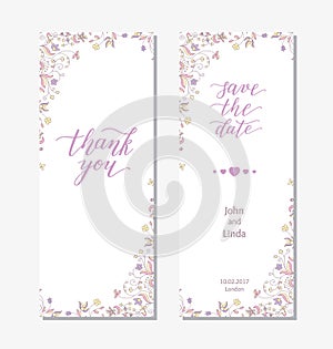 Wedding set template with flowers and hand lettering. Thank you, save the date