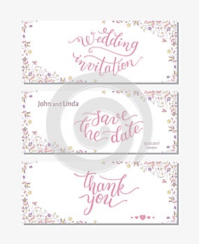 Wedding set template with flowers and hand lettering. Wedding invitation, thank you, save the date