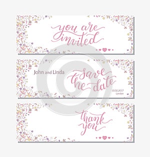 Wedding set template with flowers and hand lettering. You are invited, thank you, save the date