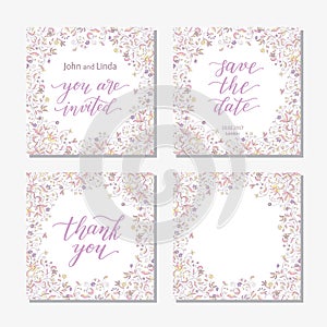 Wedding set template with flowers and hand lettering. You are invited, thank you, save the date