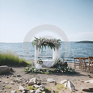A wedding set up on the beach with flowers and greenery created with Generative AI technology