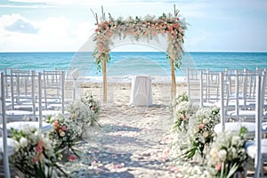 Wedding Set Up on Beach With White and Pink Flowers, Beach wedding set up with white chairs and a floral arch, AI Generated