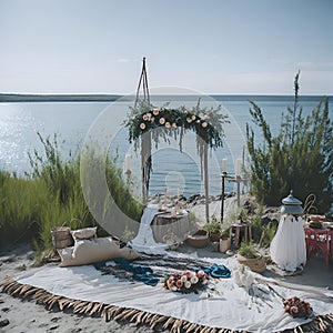 A wedding setup on the beach with flowers and candles created with Generative AI technology