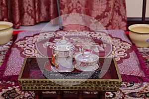 Wedding setup detail in Thailand. Thai porcelain with Benjarong