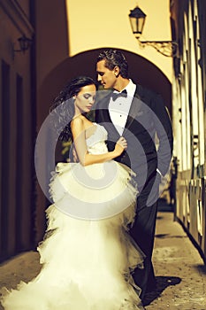 Wedding sexy couple in arch with street lamp