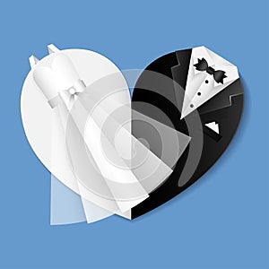 Wedding shape of heart illustration - clothes of the bride and groom hangs diagonally across the heart