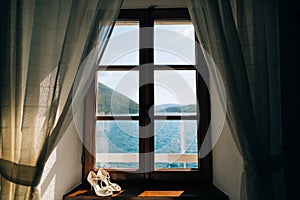 Wedding shoes of the bride at a window.