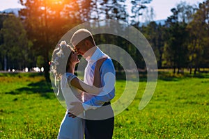 Wedding shot of the adorable newlyweds softly kissing on the meadow at the background of the trees during sunset