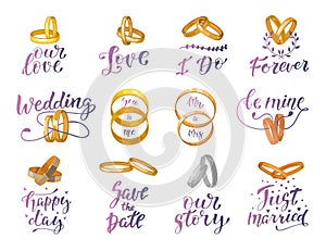 Wedding sign and rings vector quote text or wed lettering with weddingrings and textual calligraphy for marriage