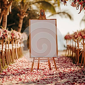 Wedding Sign Vertical. Wedding Board Mockup with pink flowers blossom